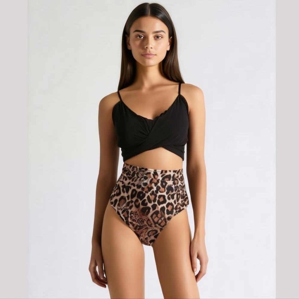 Ruuhee Crisscross Leopard Safari Print 2 Piece Swimsuit High Waisted Bikini NWT